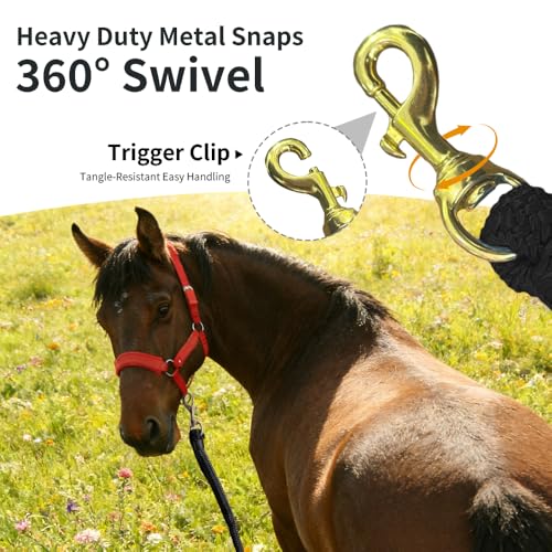Double Braided Nylon Horse Lead Rope with Snap Hook, Black, 15 FT, Durable Lightweight (Black, 15FT) - color: Black, size: 15FT