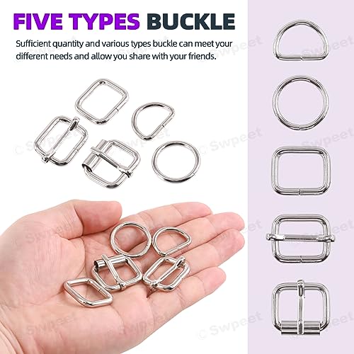 Swpeet 5 Style Metal Buckles - Adjustable Slide, D Ring, Circular Ring - color: Silver, size: 3/4 Inch