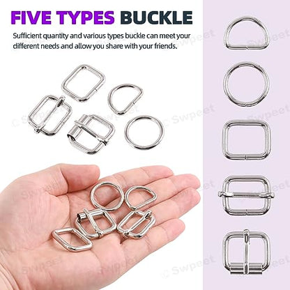 Swpeet 5 Style Metal Buckles - Adjustable Slide, D Ring, Circular Ring - color: Silver, size: 3/4 Inch