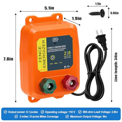 2 Mile AC Powered Low Impedance Electric Fence Charger，0.10 Joule Plug-in Electric Fence Energizer，Contain Small Animals, Keep Out Pests and Wildlife Invasion - color: Orange 0.10 Joule