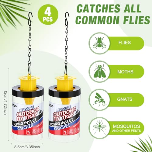 Qualirey 4 Pcs Fly Traps Outdoor Reusable Hanging Fly Jar Trap Gnat Bug Catcher Killer for All Flies Outside Filth Flies Insect Bug Control Patios Yard Ranch Barns(Yellow) - color: Yellow