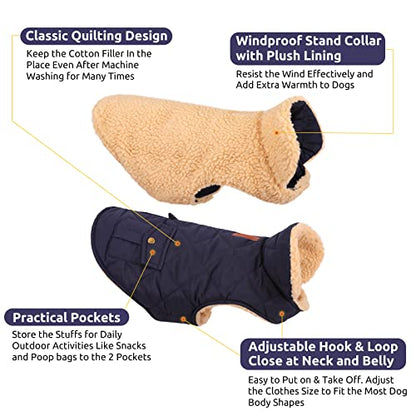 Queenmore XS Warm Puffer Dog Jacket Ultra Thick Plush Quilting Winter Coat - color: Dark Navy, size: X-Small