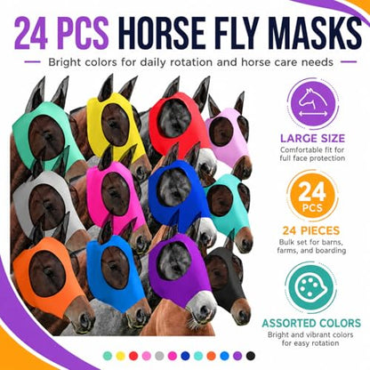 Sanwuta 24 Pcs Horse Fly Masks with Ears, Breathable Mesh UV Protection Horse Face Masks, Soft Elastic Comfortable Fit for Riding Outdoor Summer Supplies Bulk (Medium) - size: Medium