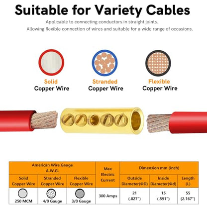 0000 Gauge Wire Butt Connectors 4 PCS Brass Mechanical Butt Splice Connectors Kit 4/0 AWG Mechanical Repair Splice Kit Splice Screw Sleeves 4 PCS Mechanical Splices & 3:1 Heat Shrink Tubes - size: 0000 (4/0) Gauge, style: Mechanical Splice - Bare Pure Bra