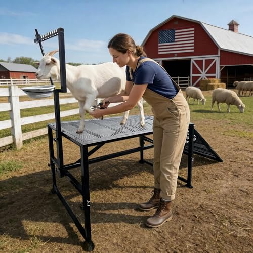 Heavy-Duty Non-Slip Ramp Goat Milking Stand, Height Adjustable Range 18.8–28.8"，600LBS Metal Livestock Trimming Stand with Feed Bin，Goat Stand Ramp Use for Goats ，Lambs & Sheep Trimming Grooming Stand