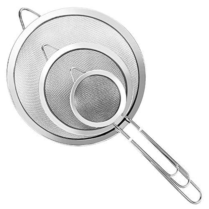 3Pcs Super Wire Extra Fine Mesh Strainer with Handle, Small Medium Large Size Sifter Metal Strainer Set, Stainless Steel Sieve Fine Mesh Strainers for Kitchen Rice Juice Quinoa Food Flour Baking YLYL