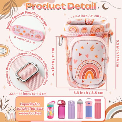 Water Bottle Carrier Bag with Strap for Kids - Water Bottle Bag Holder with Padded Strap Pocket 10/12/14/16/18Oz for Boys Girls School Walking Hiking Camping - style: Boho