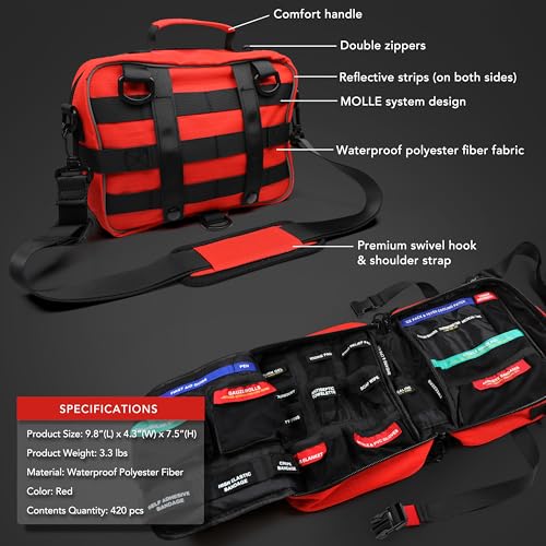 430 Piece First Aid Kit, Well-Organized Premium Waterproof Compact Trauma Medical Kits for Any Emergencies, Ideal for Home, Office, Car, Travel, Outdoor, Camping, Hiking, Boating (Red)