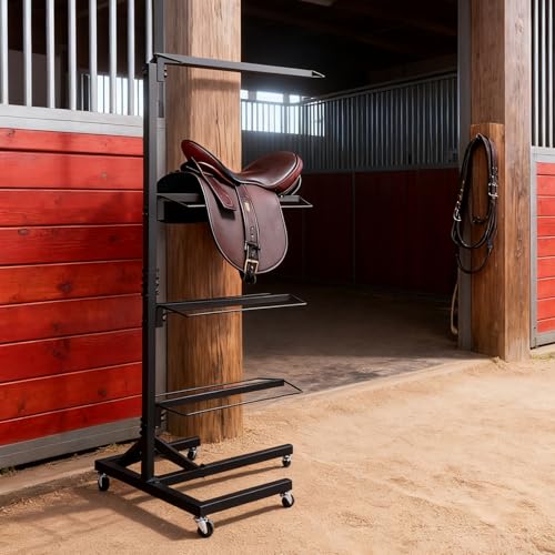 4 Tier Saddle Rack Stand with Wheels Adjustable Holder for Western & English Saddle Portable Heavy Duty Tack Rack Supports to 250Lbs Holds Tack Pad Blanket Accessories etc for Horses