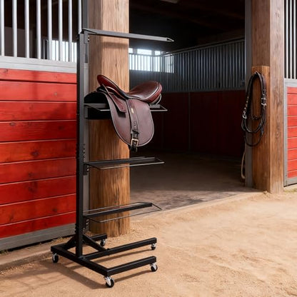 4 Tier Saddle Rack Stand with Wheels Adjustable Holder for Western & English Saddle Portable Heavy Duty Tack Rack Supports to 250Lbs Holds Tack Pad Blanket Accessories etc for Horses