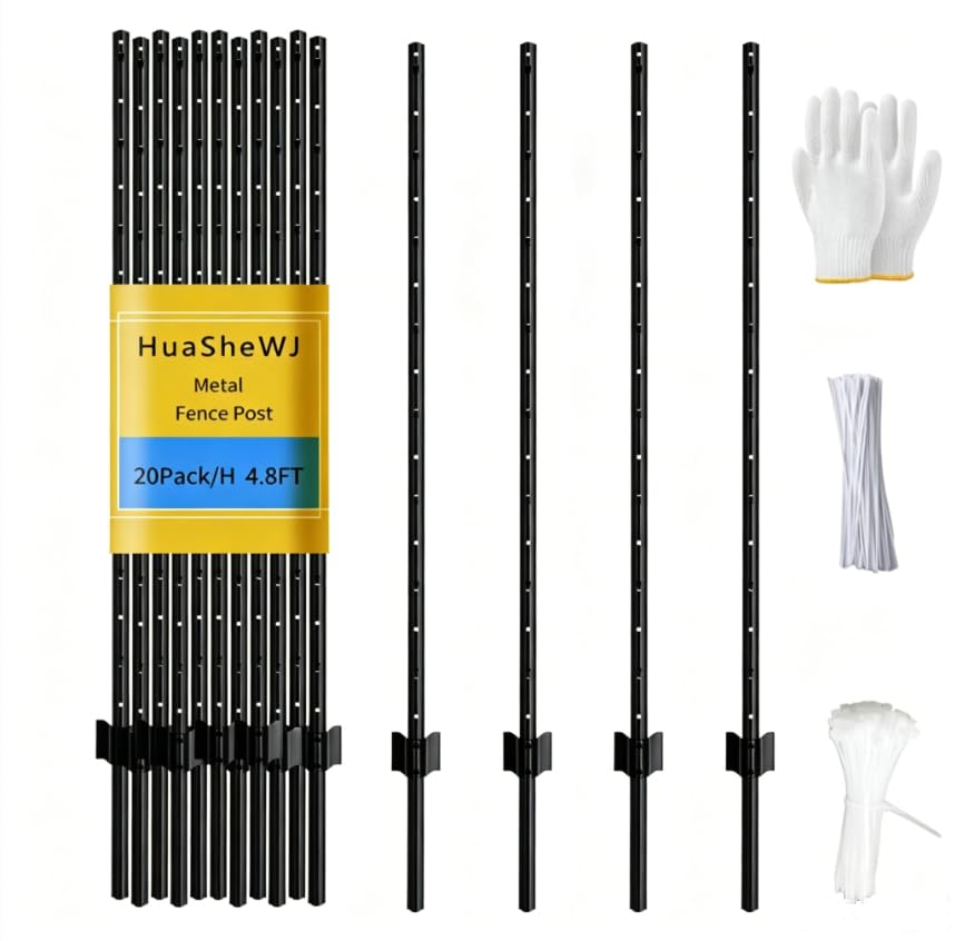 Metal Fence Post 4.8 Feet Black Pack of 20 U Post for Wire Fence - color: Black 20pcs, size: 4.8 ft.
