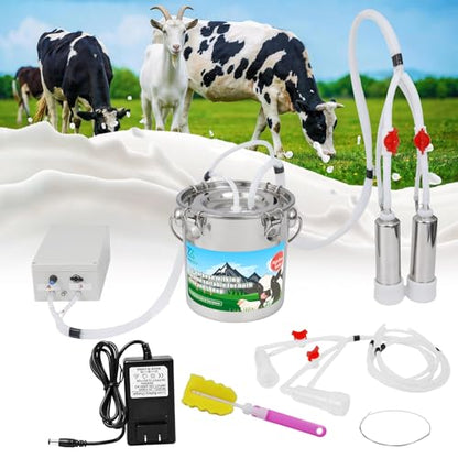 2-in-1 Upgrade 0.8Gal/3L Portable Plug in Milker, Milking Machine for Cows and Goats with Food-Grade Stainless Steel Bucket, 4 Teat Cups and Pulsation Vacuum System for Farm, Ranch and Home Dairy Use