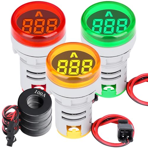 DROK AC Amp Meter 100A, Pack of 3 AC 0-100A Current Tester Digital Larger LED Screen Current Meter Suitable for 110V 220V Green Red Yellow Signal Indicator Light Panel - size: Regular, style: Amp - Circular