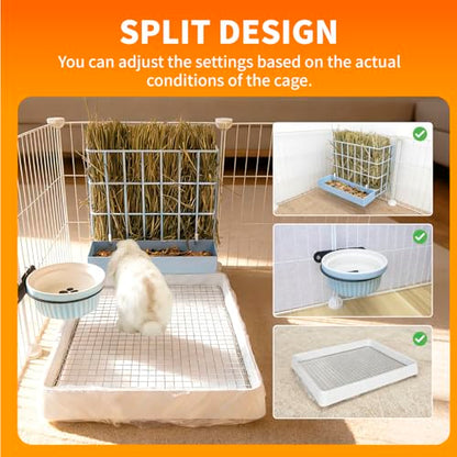 BESNEW 3 in 1 Rabbit Hay Feeder with Litter Box,Upgraded Metal Hay Rack & Litter Tray & Water Bowl,Quick Cleaning,Easy to Install,Bunny Supplies for Rabbit Guinea Pig Chinchilla Small Animals - color: Blue, size: 10in set