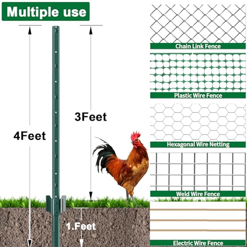 Amagabeli Heavy Duty Metal Fence Posts 4 Feet 10 Pack No Dig Garden U Post Stakes for Wire Fence Temporary Fencing Electric Fence Wire Safety Fence Mesh Fence Garden Fencing T Post for Yard Green - size: 4 Feet Post