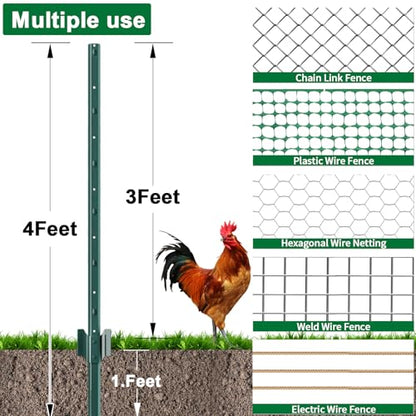 Amagabeli Heavy Duty Metal Fence Posts 4 Feet 10 Pack No Dig Garden U Post Stakes for Wire Fence Temporary Fencing Electric Fence Wire Safety Fence Mesh Fence Garden Fencing T Post for Yard Green - size: 4 Feet Post