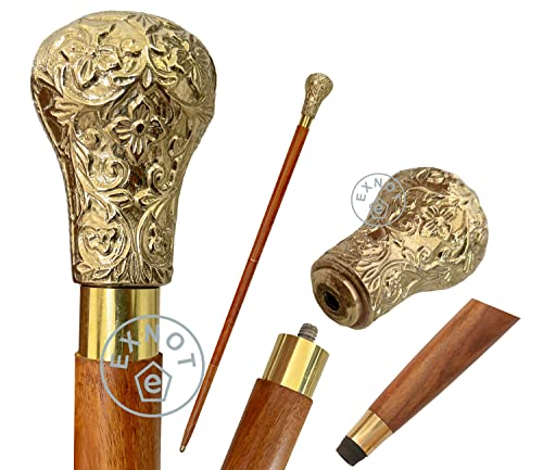 Vintage Walking Sticks in Natural Wood Elegant Walking Cane Brass Handle knob Brown Wood Stick - Victorian Cane - Fancy Cane for Men and Women