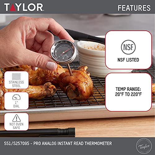 Taylor Pro Series Analog Instant Read Thermometer – 5" Stem, NSF Stainless Steel Dial Gauge with Pocket Clip, 120°F to 220°F Temperature Range for Meat, Grill & Baking Use (Black) - color: Black