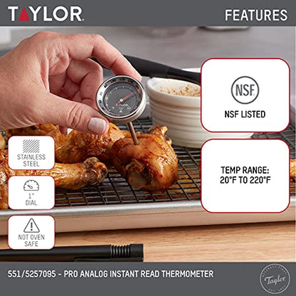 Taylor Pro Series Analog Instant Read Thermometer – 5" Stem, NSF Stainless Steel Dial Gauge with Pocket Clip, 120°F to 220°F Temperature Range for Meat, Grill & Baking Use (Black) - color: Black