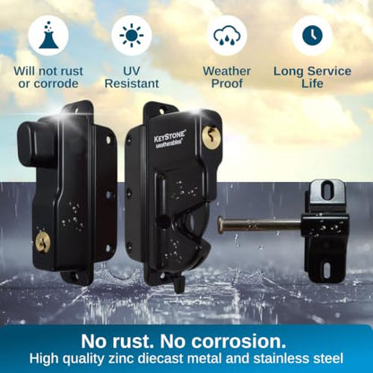 Weatherables Keystone 2-Sided Key-Lockable Gate Latch – Zinc Diecast Metal Heavy Duty Gate Latch with Self-Latching Gate Lock, Made for Easy Installation on Metal, Wood & Vinyl Fences, Keyed Alike - style: 2-Sided Metal
