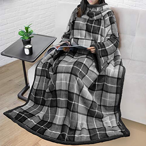 PAVILIA Sherpa Wearable Blanket with Sleeves and Pocket, Plush Thick Cozy Body Blanket Wrap for Adult Women Men, Christmas Gift for Wife Mom, Plaid Grey - color: Plaid Charcoal