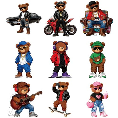 arricraft 9 Sheets Hip-Hop Animal Iron on Stickers, Cartoon Fashion Bear Pattern Print Transfer Stickers Decals for DIY T-Shirt Jeans Backpacks Families Clothing Hat Decoration Applique - style: Cartoon Fashion Bear Theme