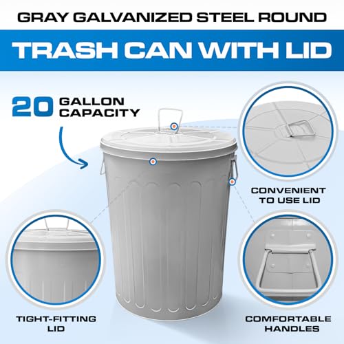 Plexon 20 Gallon Metal Trash Can with Lid Outdoor Large Trash Bin Steel Garbage Can for Garage Patio Farmhouse Bucket Bird Seed Storage Can Heavy Duty Round Container - color: Gray