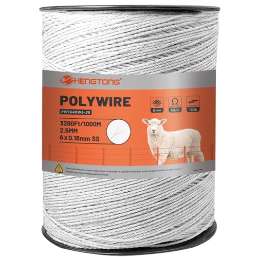 Electric Fence Polywire 3280ft (1000m), 6-Strand Stainless Steel Conductors, Rust & UV Resistant, Portable Electric Fencing, Durable & Reliable Conductivity, White | 6-strand stainless steel conductors, rust & UV resistant, portable fencing with durable r