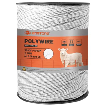 Electric Fence Polywire 3280ft (1000m), 6-Strand Stainless Steel Conductors, Rust & UV Resistant, Portable Electric Fencing, Durable & Reliable Conductivity, White | 6-strand stainless steel conductors, rust & UV resistant, portable fencing with durable r