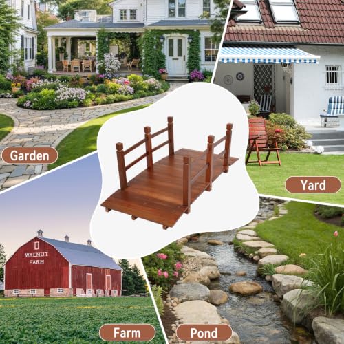 Outvita 5 ft Garden Wooden Bridge Arch Natural Finish with Safety Rails Outdoor Footbridge for Backyard Creek Farm, Decorative Pond Bridge - size: 5ft-dark brown