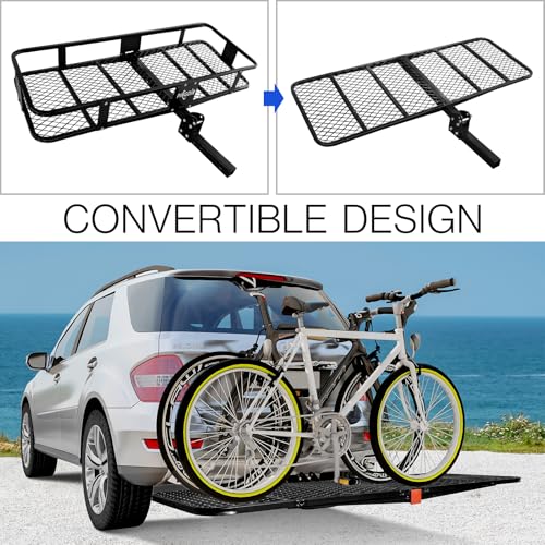 PINGDIR Folding Hitch Mount Cargo Carrier Hitch Rack Basket 60"*21.5"*6" Hauling Weight Capacity of 500 Lbs, Waterproof Cargo Bag 58" 19" 24", with Hitch Stabilizer,Cargo Net and Ratchet Straps - size: 60 inches