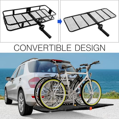 PINGDIR Folding Hitch Mount Cargo Carrier Hitch Rack Basket 60"*21.5"*6" Hauling Weight Capacity of 500 Lbs, Waterproof Cargo Bag 58" 19" 24", with Hitch Stabilizer,Cargo Net and Ratchet Straps - size: 60 inches