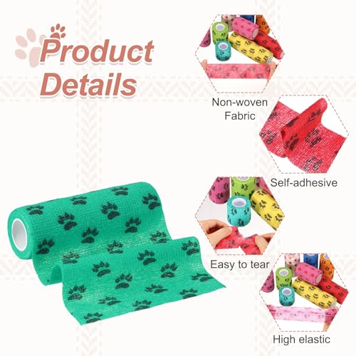 Pet Wrap Bandages, 6 Inch 5 Yard Self Adhesive Bandage Wrap, Pet Non-Woven Tape First Aid Cohesive Gauze, (Green/Paw, 2 Pcs), Intended for Dog/Cat/Bird/Legs/Paws/Wound - color: Green, size: 6 inch