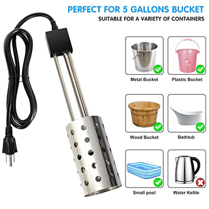 1500W Bucket Heater, Rust Proof Built in Temperature Controller Immersion Water Heater, Heats 5 Gallons of Water in Minutes with Auto Shutoff, for Home Outdoor Camping and Winter Job