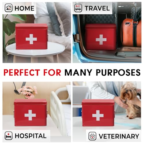 Plexon 8.5" Metal First Aid Box Empty, Medicine Storage Bin with Lid, Emergency Supplies Organizer, Portable First Aid Kit Case, Red - color: Red