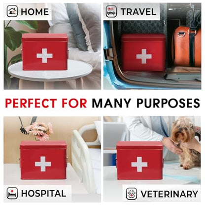 Plexon 8.5" Metal First Aid Box Empty, Medicine Storage Bin with Lid, Emergency Supplies Organizer, Portable First Aid Kit Case, Red - color: Red