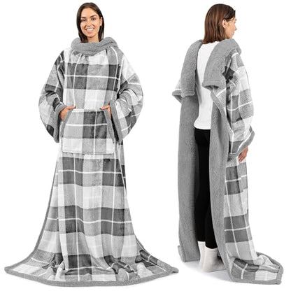 PAVILIA Sherpa Wearable Blanket with Sleeves and Pocket, Plush Thick Cozy Body Blanket Wrap for Adult Women Men, Christmas Gift for Wife Mom, Plaid Light Grey - color: Plaid Light Gray