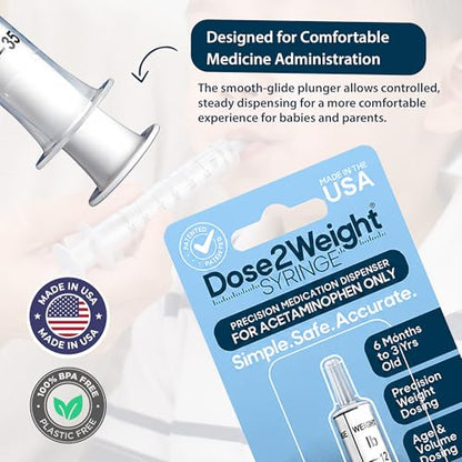 DOSE-2-WEIGHT 5mL Oral Syringe, Precision Dosing Dispenser for Infants Acetaminophen (160mg/mL), for Children Under 3 Yrs Old, Patented, Made in America