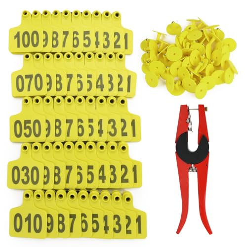 50 Numbered Cattle Ear Tags Large Animal Identification Tags TPU Livestock Ear Tag for Cattle Cow Horse Hog Pig Goat Sheep Applicator Kit (001-050 Yellow)