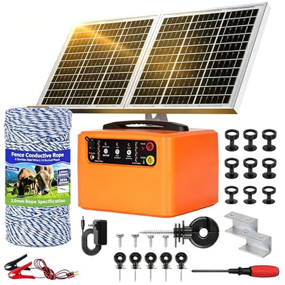 30 Miles/48km Solar Electric Fence Charger 0.3J-1.5J Adjustable,656ft Electric Fence Polywire 50Pcs Electric Fence Insulators&1 Insulated Sleeve