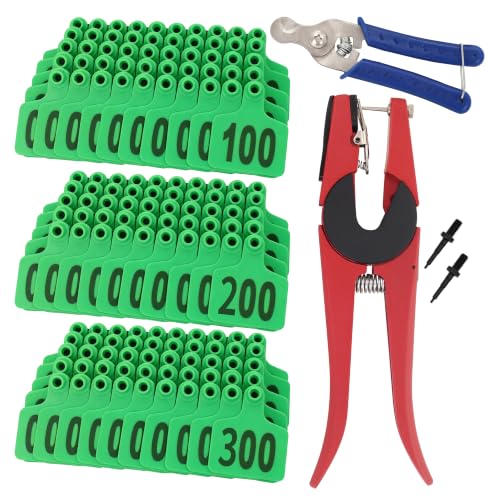 Cattle Ear Tags 001-300, 300Pcs Plastic Livestock Ear Tag for Cows Goats Sheep Pigs with Pliers Applicator & 2 Pins, Animal ID Tags for Ranch Farm Herd Tracking, Laser Print (001-300, Green) - color: Green