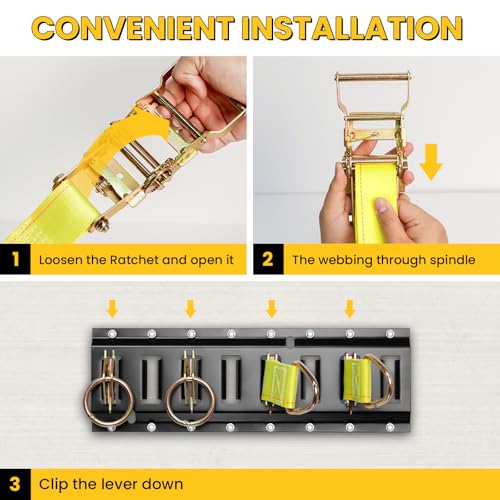 E Track Tie-Down Rail Kit, Trailer Tie Downs, 31 Pcs Set Etrack kit | 4 Rails , 4 Rope Tie Offs, 4 O Ring Anchors, 2 10ft straps, Securing Accessories for Garages, Vans, Trailers, Cargo (Yellow) - color: Yellow