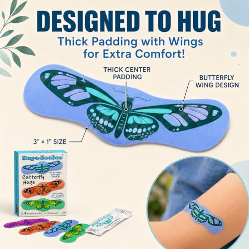 Butterfly Hugs - Premium Adhesive Butterfly Bandages from Hug-a-BooBoo, The Amazing Butterfly Bandages that Hug! Pretty Colorful Butterfies 24 Count Box - size: 24ct, style: Butterfly Hugs