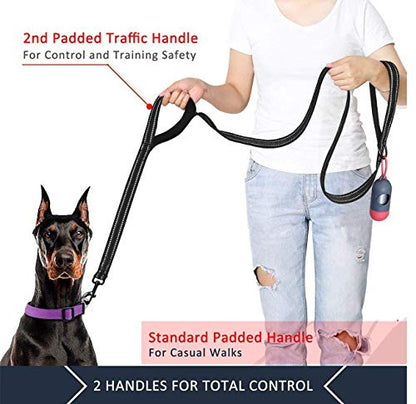 JSXD Heavy Duty Double Handle Dog Leash - 5 FT with Comfortable Padded and Reflective Rope, Suitable for Small to Large Dogs (Wide-Black) - color: Wide-Black
