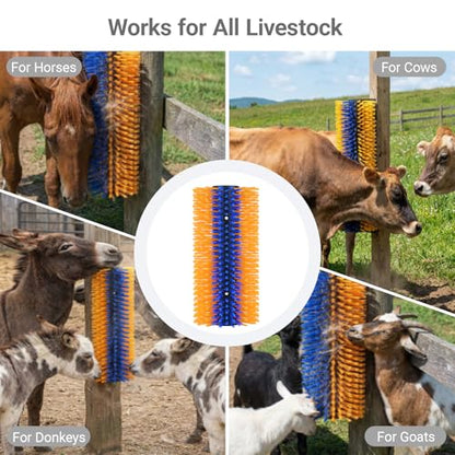 Livestock Scratching Brush 2 Pack, Horse Goat Brush Heavy Duty Scratcher Supplies with Stainless Steel Curry Comb for Barn Pasture Horse, Goat, Cattle, Pig Massage Grooming Itch Relief -17.35×7.5 In