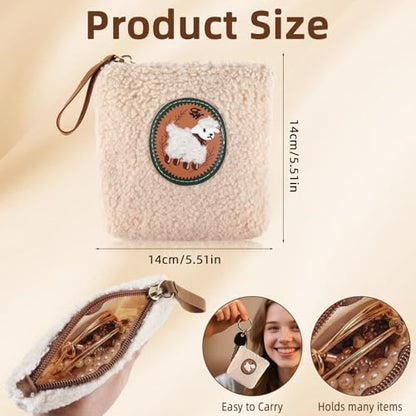 PLwelth Cute Sheep Coin Purse Adorable Plush Small Zipper Change Pouch with Keyring Kawaii Cartoon Animal Travel Wallet for Women Funny Mini Storage Bag for Coins Cards Keys Lipsticks Cosmetic Bags