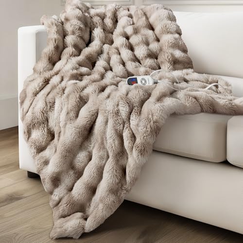Electric Heated Blanket for Girls & Women, Soft & Luxurious,Faux Fur Heating Throw Blankets, 6 Heat Settings, Overheat Protection, Quick Heating, Memory Function, Giftable, 50"x60",Tie-dye Light Taupe - color: Tie-dyed Light Taupe