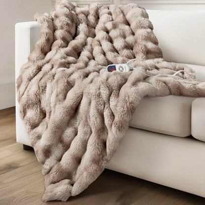 Electric Heated Blanket for Girls & Women, Soft & Luxurious,Faux Fur Heating Throw Blankets, 6 Heat Settings, Overheat Protection, Quick Heating, Memory Function, Giftable, 50"x60",Tie-dye Light Taupe - color: Tie-dyed Light Taupe