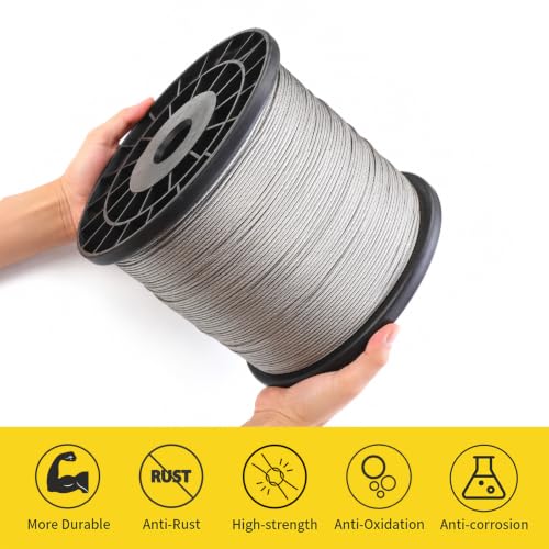 1/16 Wire Rope, 2000FT 304 Stainless Steel Cable with 600Pcs Crimp Sleeves, Aircraft Grade, 7x7 Strand, 368lbs Breaking Strength, for Garden Trellis, Clothesline, Railing,Trellis - size: 2000 ft