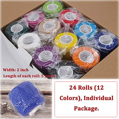 24 Pack Self Adhesive Bandage Wrap 2 Inch, Athletic Elastic Non Woven Cohesive Bandage for Sports, Wrist, Ankle Sprains, Swelling and Vet Wrap (Rainbow) - color: 2 Inch-24 Count Rainbow